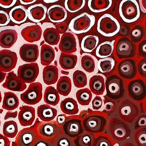 A unique and spirited piece in napthol crimson, cadmium red and white. Shades of burnt umber cools and grounds. Perfectly suited for a neutral environment. Red and brown painting. #aboriginalart #waterholes #lenapwerle