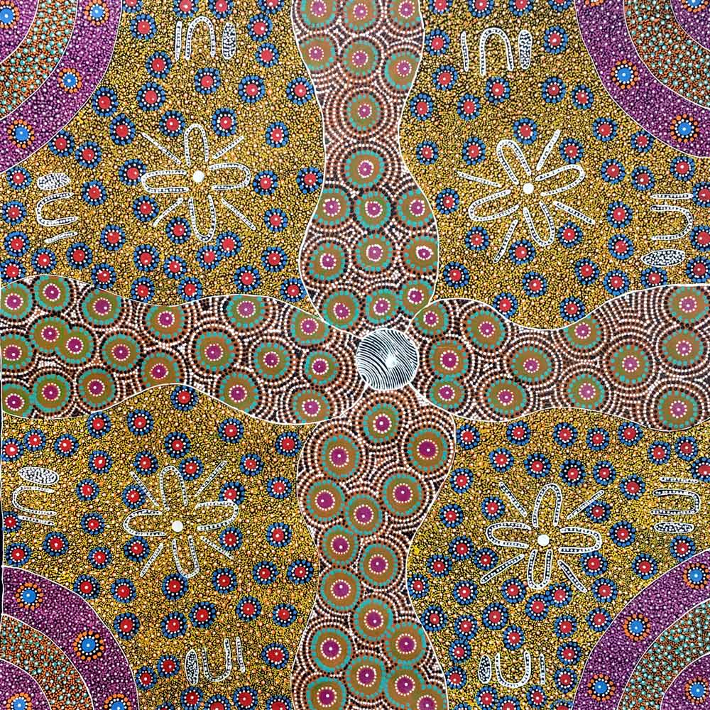 Alpar Seed Story by Maggie Bird by Maggie Bird Mpetyane, 90cm x 90cm. Australian Aboriginal Art.