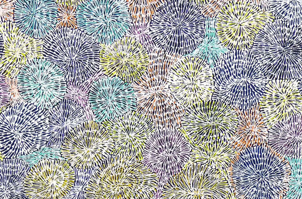 Desert Blooms exhibition artwork by Audrey Morton Kngwarreye. This painting represents desert blooms, painted with ink bottles. Learn more at Utopia Lane Art. #aboriginalart #utopialaneart