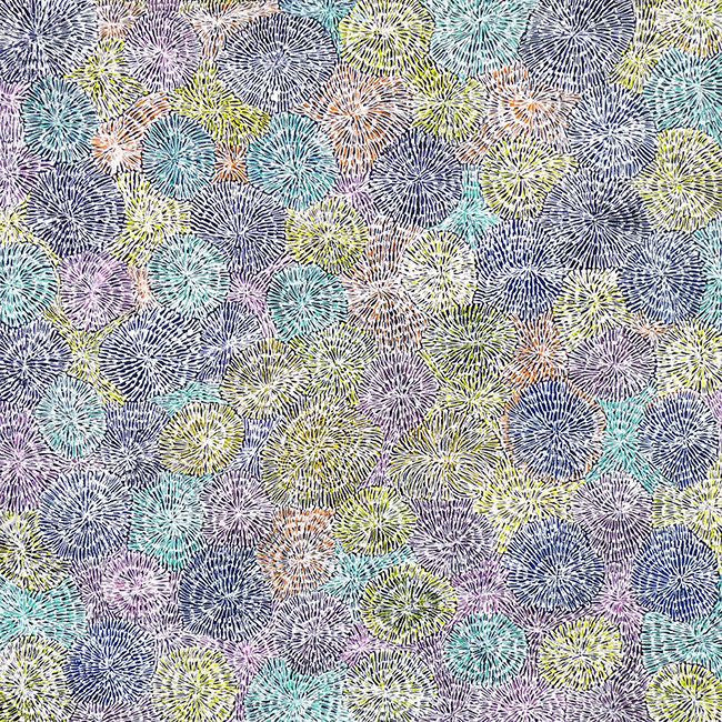 Desert Blooms exhibition artwork by Audrey Morton Kngwarreye. This painting represents desert blooms, painted with ink bottles. Learn more at Utopia Lane Art. #aboriginalart #utopialaneart