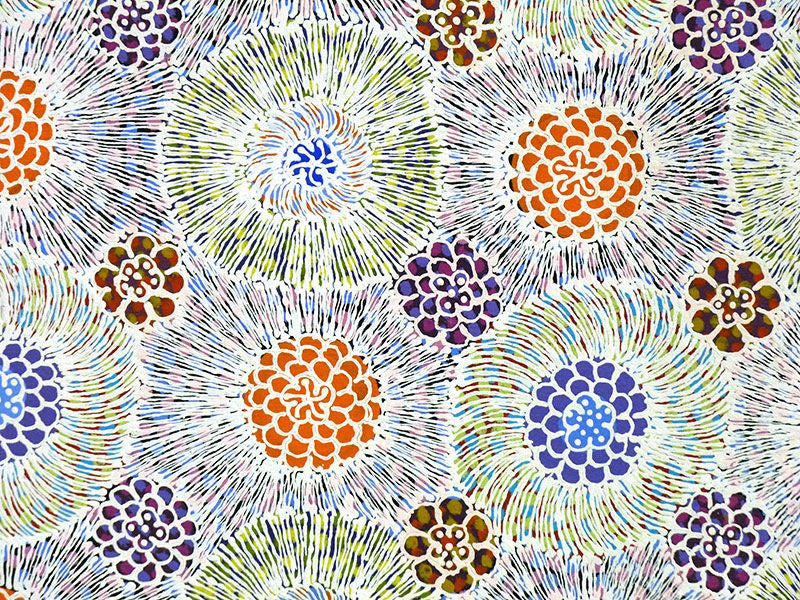 Desert Blooms exhibition artwork by Lily Lion Kngwarreye. This painting represents desert blooms, painted with ink bottles. Learn more at Utopia Lane Art. #aboriginalart #utopialaneart