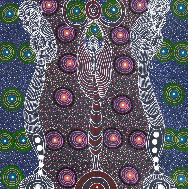 Dreamtime Sisters by Colleen Wallace Nungari (SOLD), 45cm x 45cm. Aboriginal Painting. #AboriginalArt #UtopiaLane