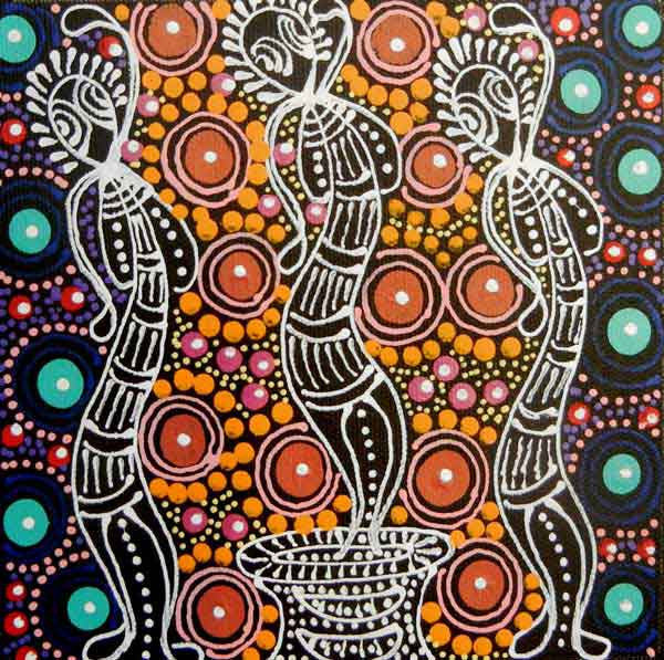 Dreamtime Sisters by Colleen Wallace Nungari (SOLD), 15cm x 15cm. Aboriginal Painting. #AboriginalArt #UtopiaLane
