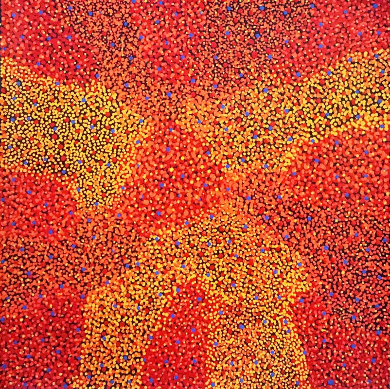 Red, orange and yellow dot painting by Josie Petrick Kemarre. #AboriginalArt #UtopiaLaneGallery