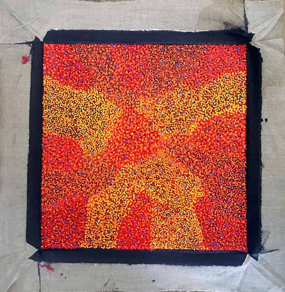 Red, orange and yellow dot painting by Josie Petrick Kemarre. #AboriginalArt #UtopiaLaneGallery