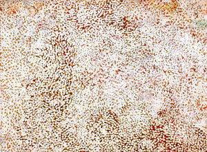 Superimposed dotwork in earthy colours are heavily subdued by a cottony white overlay making this oversized painting something remarkably soft and special by Polly Ngale, who is almost 80 years of age. A timeless piece.