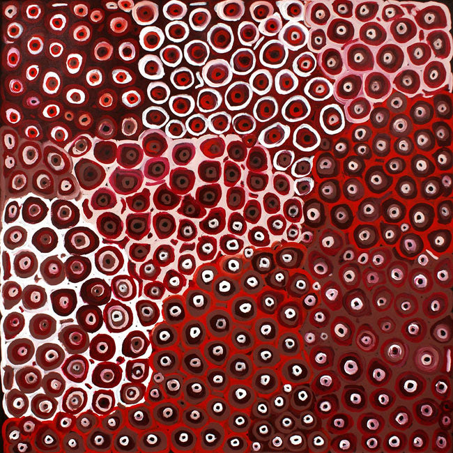 A unique and spirited piece in napthol crimson, cadmium red and white. Shades of burnt umber cools and grounds. Perfectly suited for a neutral environment. Red and brown painting. #aboriginalart #waterholes #lenapwerle