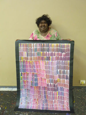 Anaty (Desert Yam) by Jeannie Mills Pwerle by Jeannie Mills Pwerle, 120cm x 90cm. Australian Aboriginal Art.
