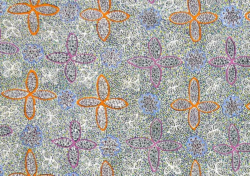 Desert Blooms exhibition artwork by Lily Lion Kngwarreye. This painting represents desert blooms, painted with ink bottles. Learn more at Utopia Lane Art. #aboriginalart #utopialaneart