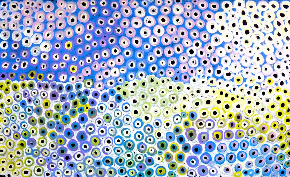 Soakage by Lena Pwerle, 150cm x 90cm. Aboriginal Painting. #AboriginalArt #UtopiaLane