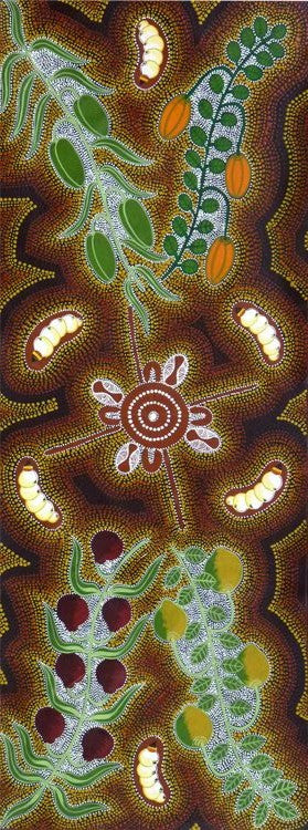 Women Collecting Bush Tucker by Marie Ryder (SOLD), 120cm x 45cm. Aboriginal Painting. #AboriginalArt #UtopiaLane