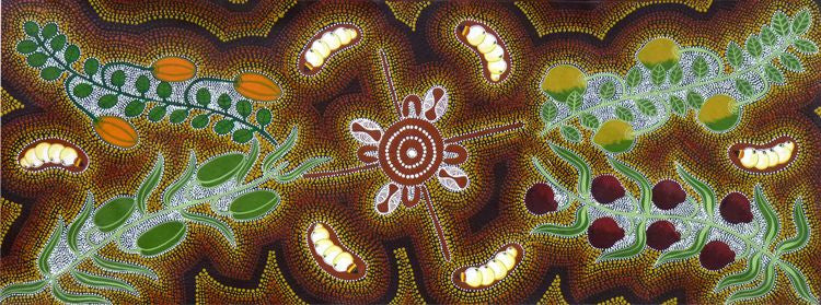 Women Collecting Bush Tucker by Marie Ryder (SOLD), 120cm x 45cm. Aboriginal Painting. #AboriginalArt #UtopiaLane