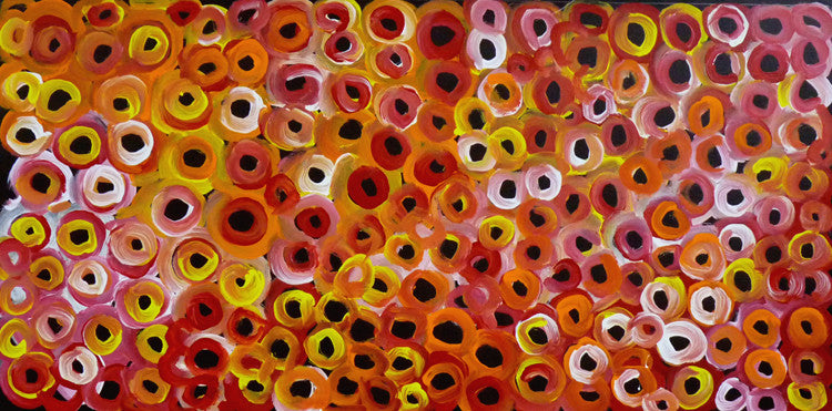 Soakage by Lena Pwerle (SOLD), 90cm x 45cm. Aboriginal Painting. #AboriginalArt #UtopiaLane