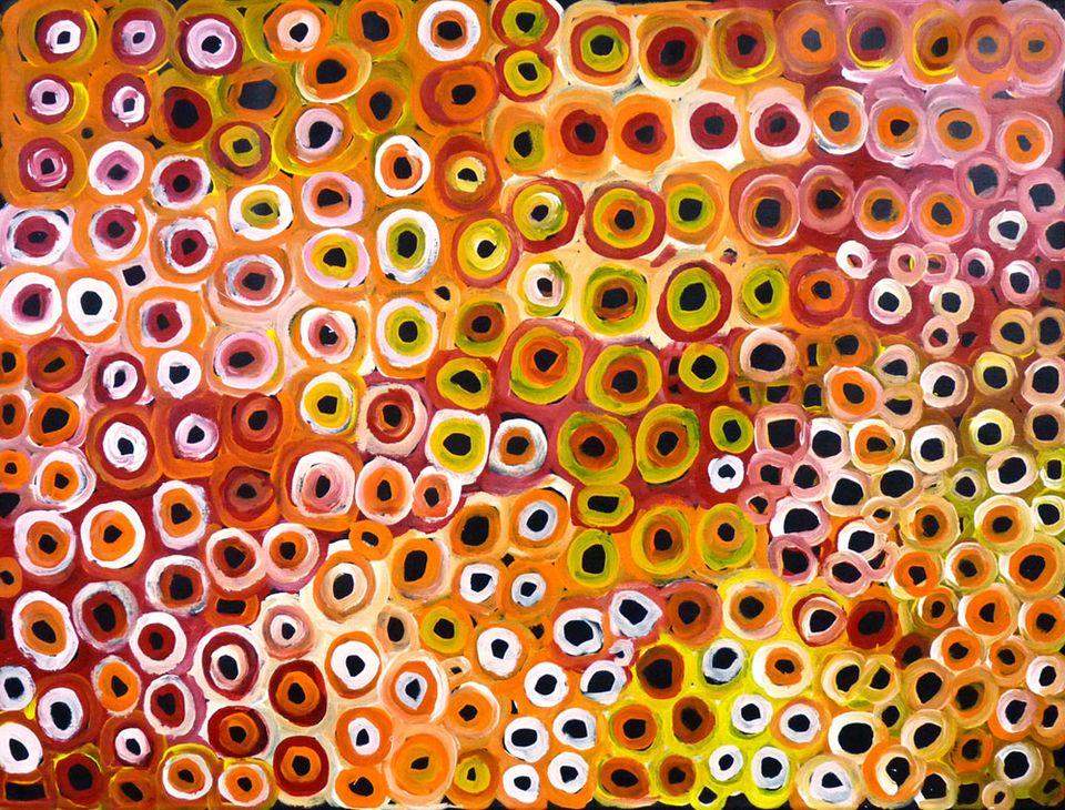 Soakage by Lena Pwerle, 120cm x 90cm. Aboriginal Painting. #AboriginalArt #UtopiaLane