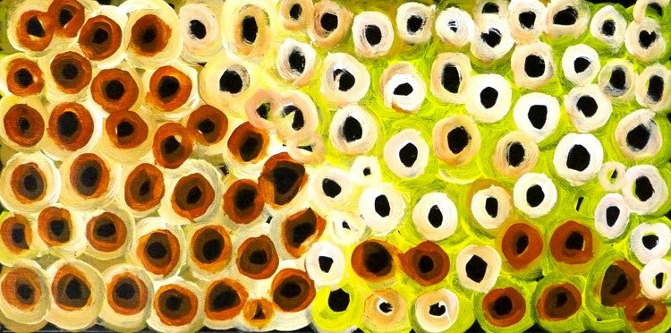 Soakage by Lena Pwerle (SOLD), 60cm x 30cm. Aboriginal Painting. #AboriginalArt #UtopiaLane