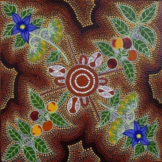 Women Picking Bush Tucker (Wild tomato and Wild fig), 45cm x 45cm. Aboriginal Painting. #AboriginalArt #UtopiaLane