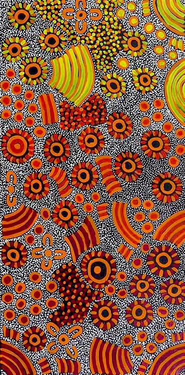 Pencil Yam Flowers by Freda Price Pwerle, 90cm x 45cm. Aboriginal Painting. #AboriginalArt #UtopiaLane
