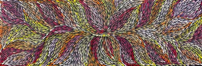 Wild Flowers by Sacha Long Petyarre (SOLD)-by-Sacha Long Petyarre-90cm x 30cm-at-Utopia-Lane-Gallery #AboriginalArt #Sacha Long Petyarre