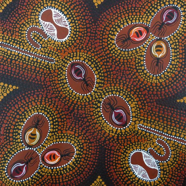 Women Gathering Bush Tucker (Honey Ants) (SOLD), 30cm x 30cm. Aboriginal Painting. #AboriginalArt #UtopiaLane
