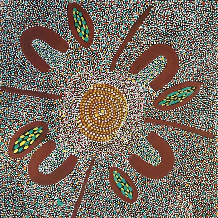 Women Collecting Bush Tucker by Katie Kemarre (SOLD), 30cm x 30cm. Aboriginal Painting. #AboriginalArt #UtopiaLane