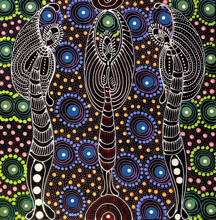 Aboriginal painting by Colleen Wallace Nungari titled "Dreamtime Sisters". Learn more at www.utopialaneart.com.au  #aboriginalart #utopialaneart  #dotpainting