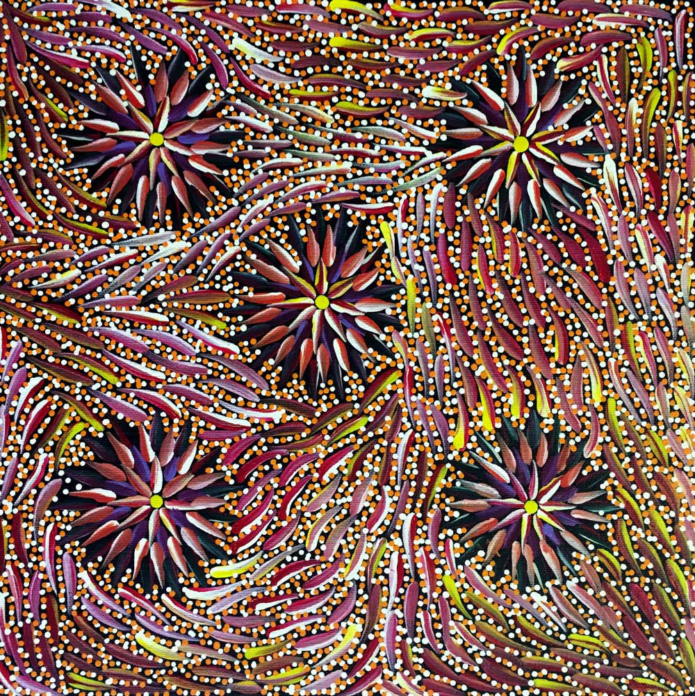 Aboriginal painting by Violet Payne Ngale titled "Wild Tobacco". Learn more at www.utopialaneart.com.au  #aboriginalart #utopialaneart  #dotpainting