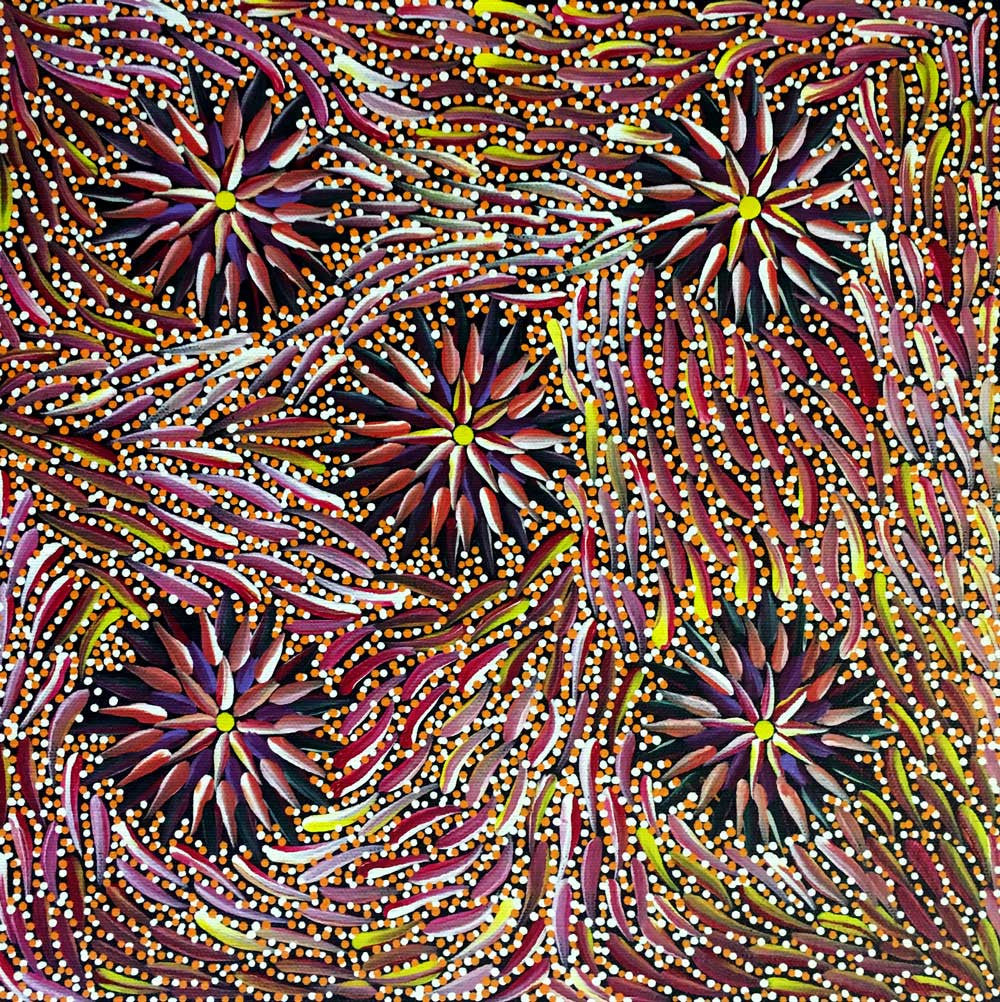 Aboriginal painting by Violet Payne Ngale titled "Wild Tobacco". Learn more at www.utopialaneart.com.au  #aboriginalart #utopialaneart  #dotpainting