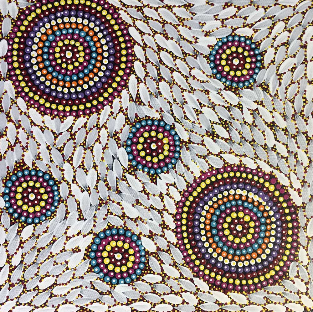 Aboriginal painting by Violet Payne Ngale titled "Wild Tobacco". Learn more at www.utopialaneart.com.au  #aboriginalart #utopialaneart  #dotpainting