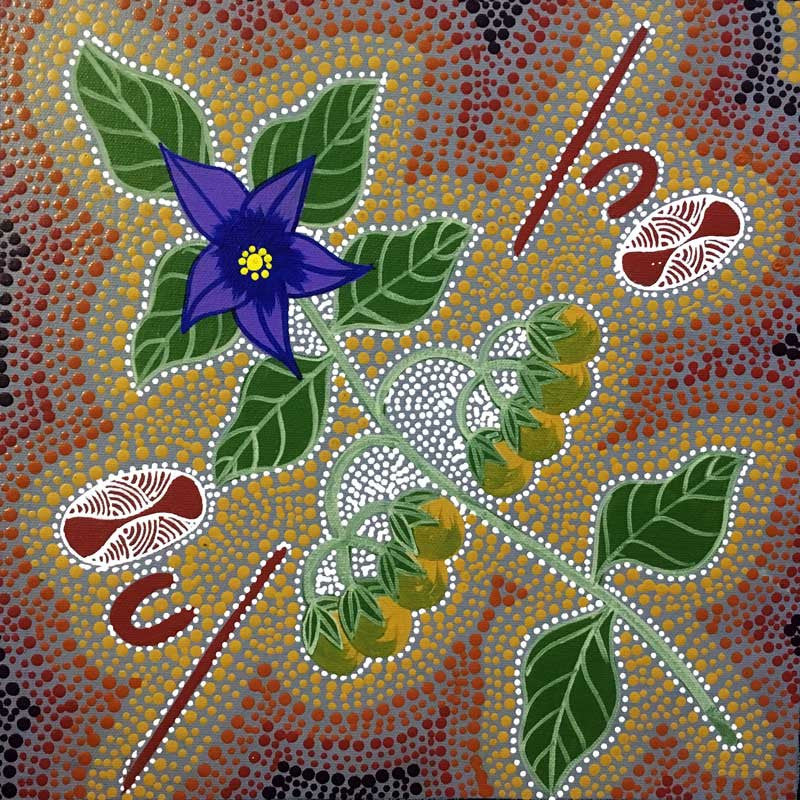 Aboriginal art by Marie Ryder representing Bush Tucker. Learn more. www.utopialaneart.com.au  #aboriginalart #utopialaneart #bushtucker