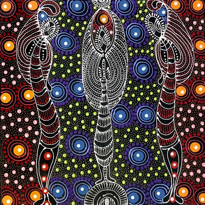 Aboriginal painting by Colleen Wallace Nungari titled "Dreamtime Sisters". Learn more at www.utopialaneart.com.au  #aboriginalart #utopialaneart  #dotpainting