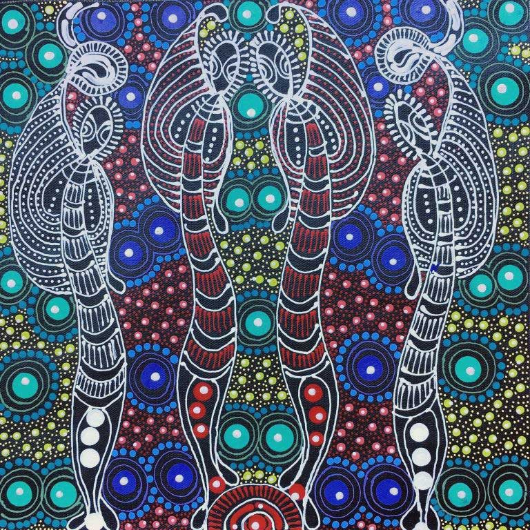 Dreamtime Sisters by Colleen Wallace Nungari (SOLD), 30cm x 30cm. Aboriginal Painting. #AboriginalArt #UtopiaLane