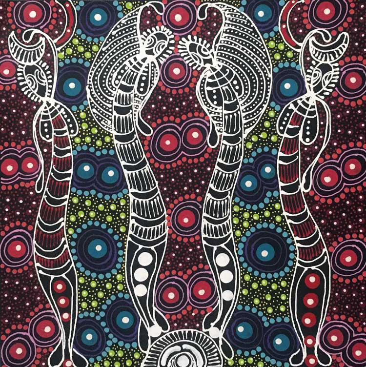 Dreamtime Sisters by Colleen Wallace Nungari (SOLD), 30cm x 30cm. Aboriginal Painting. #AboriginalArt #UtopiaLane