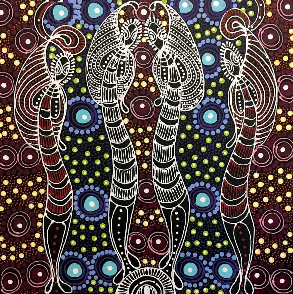 Dreamtime Sisters by Colleen Wallace Nungari (SOLD), 30cm x 30cm. Aboriginal Painting. #AboriginalArt #UtopiaLane
