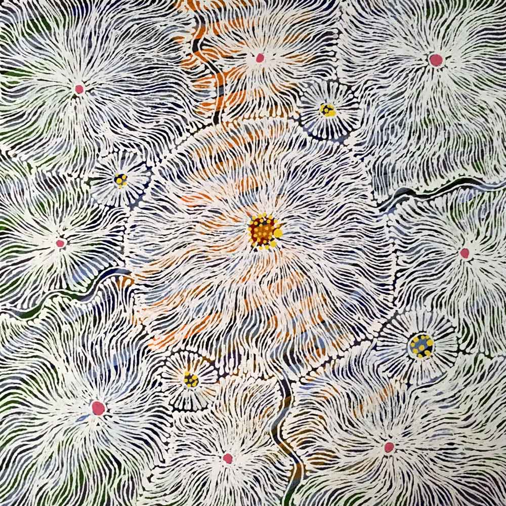 Kurrajong Flower by Katie Kemarre (SOLD), 30cm x 30cm. Aboriginal Painting. #AboriginalArt #UtopiaLane