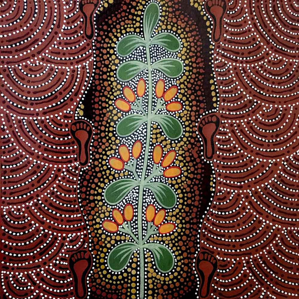 Women Picking Bush Tucker (Mistletoe) by Marie Ryder, 30cm x 30cm. Australian Aboriginal Art.