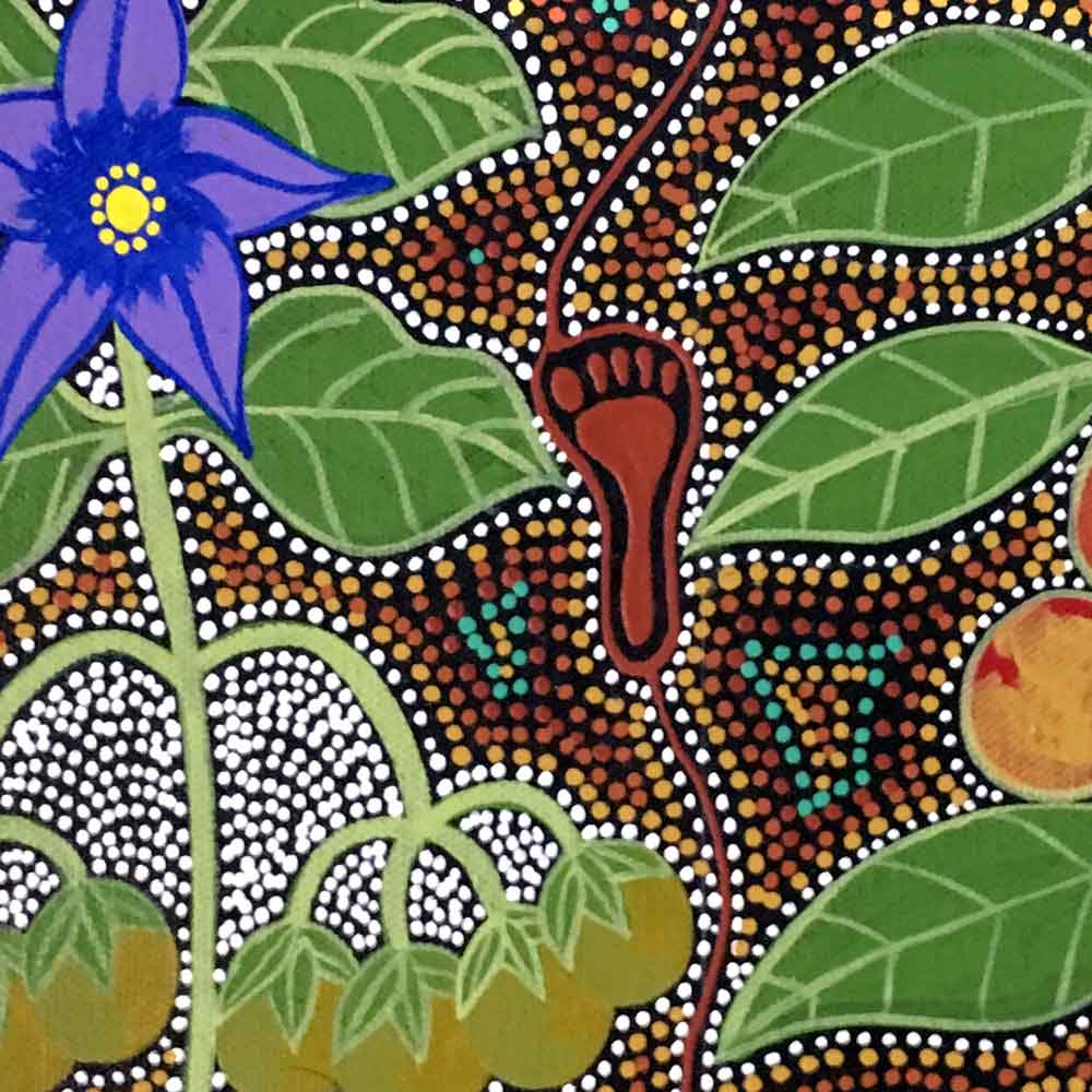 Women Collecting Bush Tucker (Wild Fig and Tomato) by Marie Ryder, 30cm x 30cm. Australian Aboriginal Art.