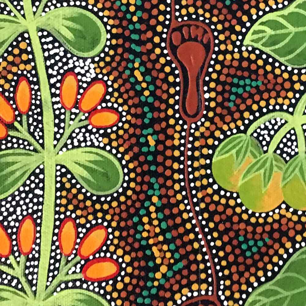 Women Collecting Bush Tucker (Mistletoe and Tomato) (SOLD)-by-Marie Ryder-30cm x 30cm-at-Utopia-Lane-Gallery #AboriginalArt #Marie Ryder