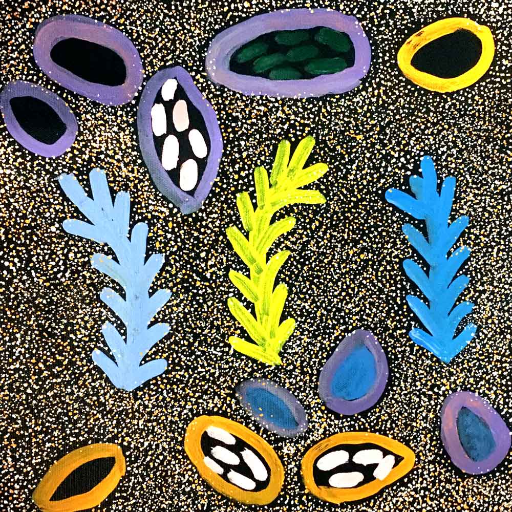 Soakage and Bush Tucker by Rosie Pwerle by Rosie Pwerle, 30cm x 30cm. Australian Aboriginal Art.