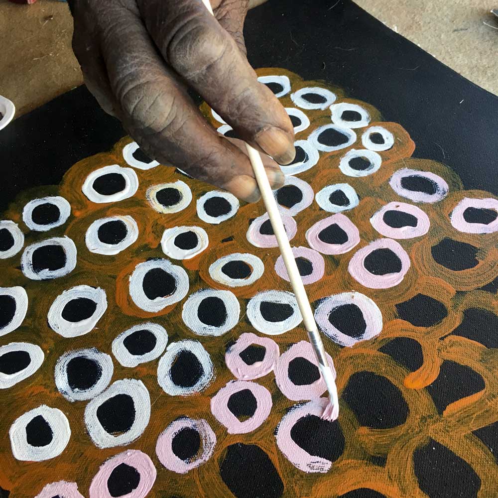 Soakage by Lena Pwerle-by-Lena Pwerle-30cm x 30cm-at-Utopia-Lane-Gallery #AboriginalArt #Lena Pwerle