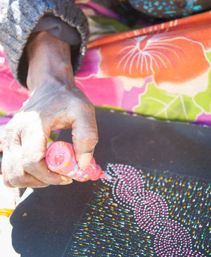 Pencil Yam Flower by Elizabeth Loy Kngwarreye by Elizabeth Loy Kngwarreye, 30cm x 30cm. Australian Aboriginal Art.