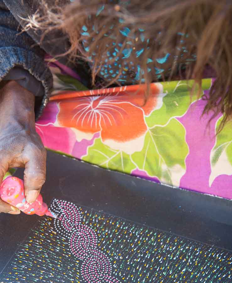 Pencil Yam Flower by Elizabeth Loy Kngwarreye by Elizabeth Loy Kngwarreye, 30cm x 30cm. Australian Aboriginal Art.
