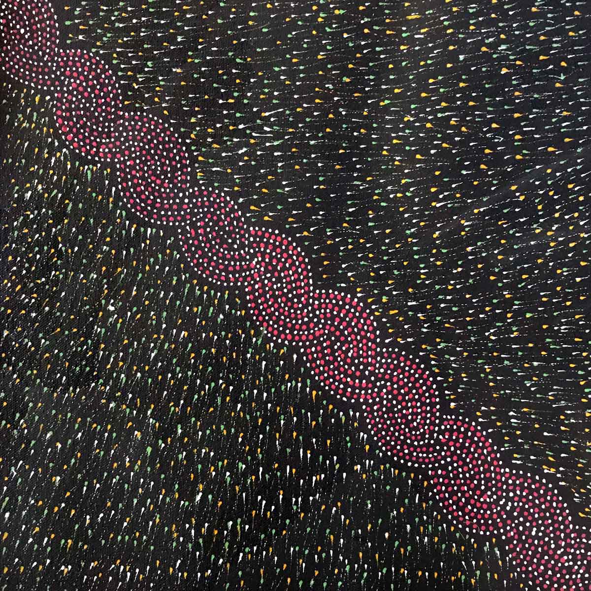 Pencil Yam Flower by Elizabeth Loy Kngwarreye by Elizabeth Loy Kngwarreye, 30cm x 30cm. Australian Aboriginal Art.