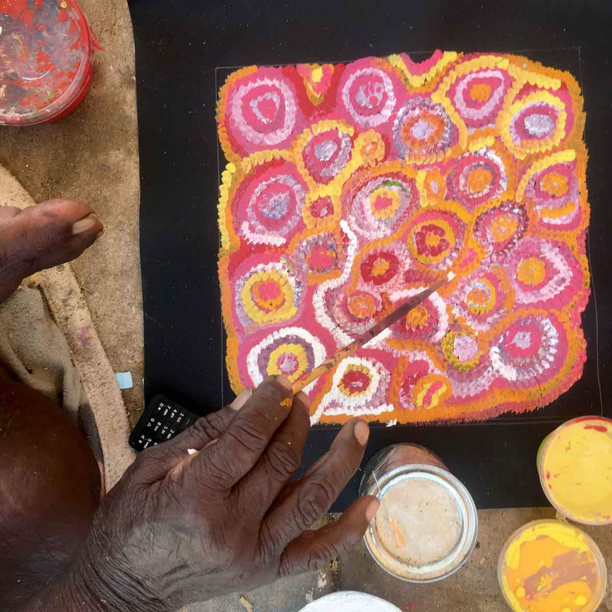 Pencil Yam Story by Dolly Mills Petyarre. Australian Aboriginal Art
