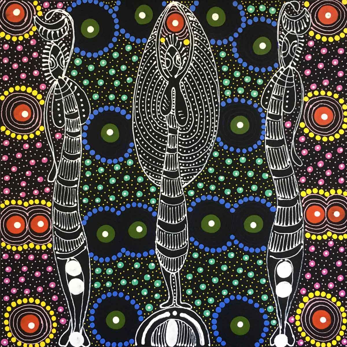 Dreamtime Sisters painting by Colleen Wallace Nungari. Australian Aboriginal Art.