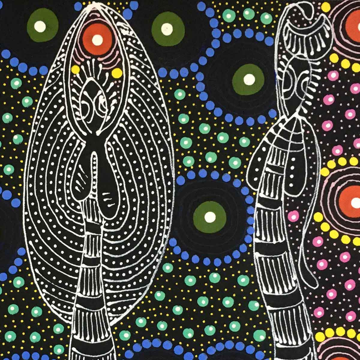 Dreamtime Sisters painting by Colleen Wallace Nungari. Australian Aboriginal Art.