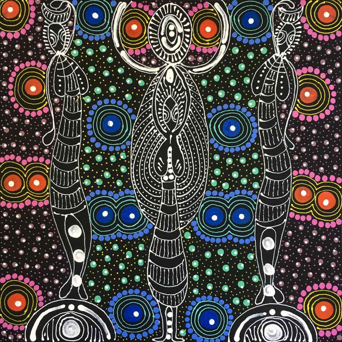 Dreamtime Sisters painting by Colleen Wallace Nungari. Australian Aboriginal Art.