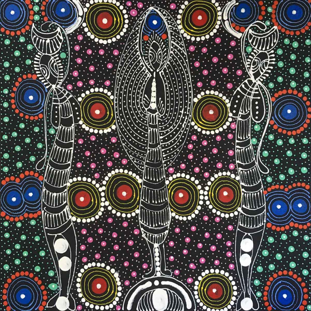 Dreamtime Sisters painting by Colleen Wallace Nungari. Australian Aboriginal Art.