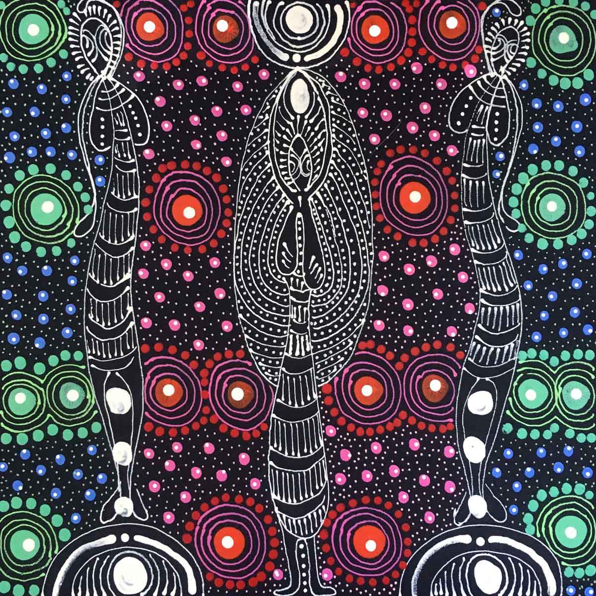 Dreamtime Sisters painting by Colleen Wallace Nungari. Australian Aboriginal Art.