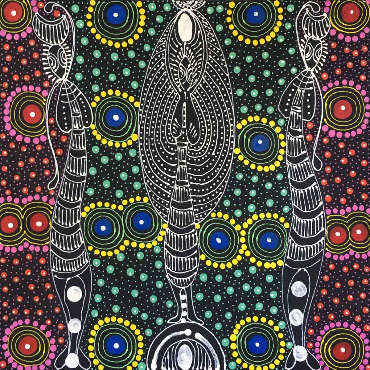 Dreamtime Sisters painting by Colleen Wallace Nungari. Australian Aboriginal Art.