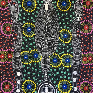 Dreamtime Sisters painting by Colleen Wallace Nungari. Australian Aboriginal Art.